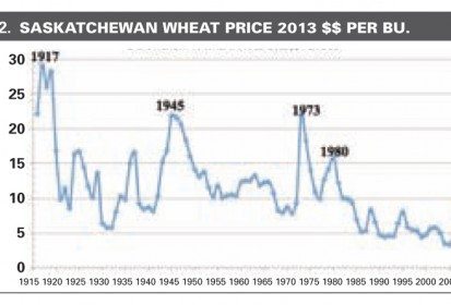 Saskatchewan wheat prices from 1916-2010 (in 2013 dollars).
