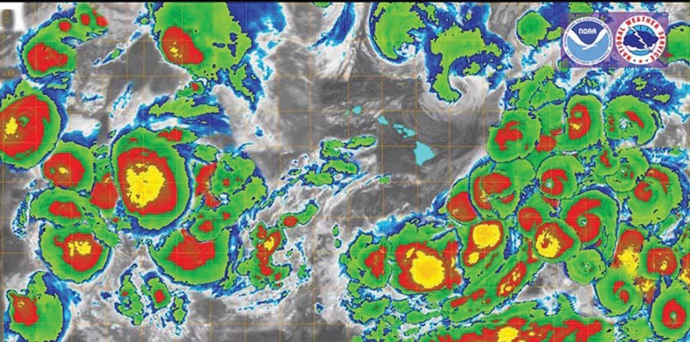 This composite image of tropical cyclone activity across the Pacific in 2015, shows the islands of Hawaii (light blue colour in the centre of the graphic) were largely unaffected.
