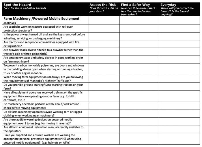 Safe Work Manitoba safety worksheet