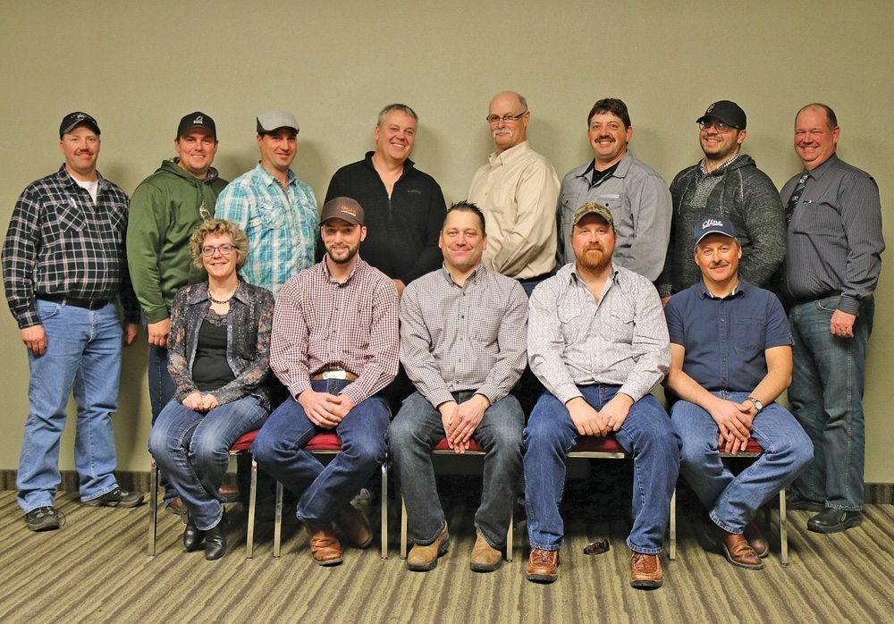 The Manitoba Charolais Association board of directors, front row (l-r): Rae Trimble-Olson, sec.-treas., Portage la Prairie; Hans Myhre, first vice-president, Dauphin; Shawn Airey, president, Rivers; Jeff Cavers, second vice-president, La Riviere and Brad Cline, Belmont. Back row (l-r): Ron McDonald, Sidney; Matthew Ramsey, Strathclair; Trent Hatch, Oak Lake; Scott Johnson, Rathwell; Jim Olson, Portage la Prairie; Kevin Stebeleski, Oakburn; Michael Hunter, Roblin; and Rob Gilliland, Virden.