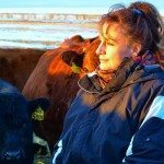 woman standing beside cattle in a field
