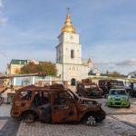 A display of civilian vehicles destroyed in the war in Kyiv