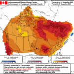Forecast map showing warmer winter temperatures across Canada.