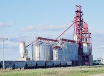 A train of grain cars stops at Cargill's elevator near Nesbitt, Man.