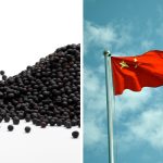 Photos of the Chinese flag on the right and pile of canola seed on the left.