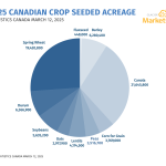 A pie chart showing 2025 Canadian crop seeded acreage, sourced from Statistics Canada