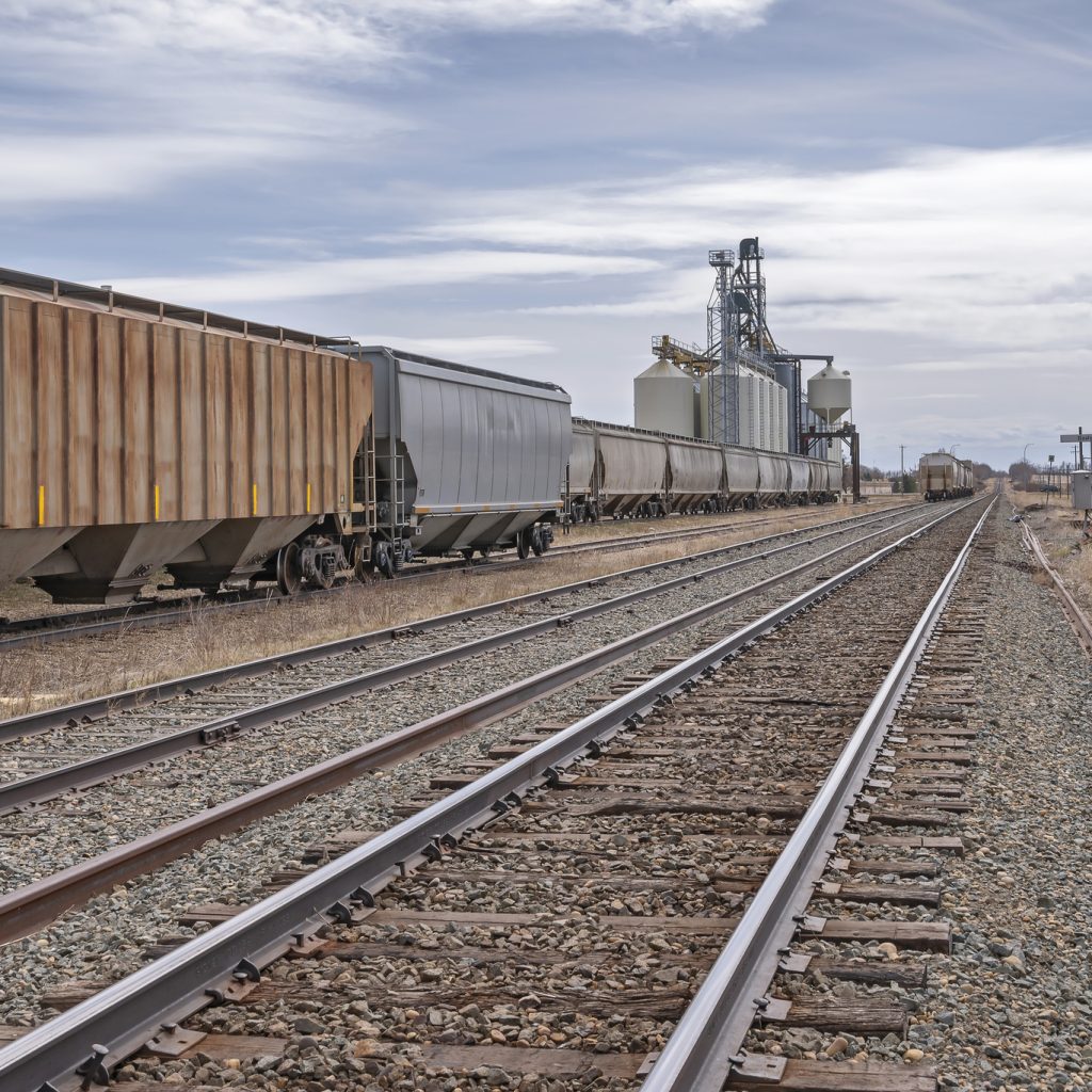 Grain elevators and train on the prairie near Bashaw, Alberta, Canada