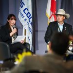 Vivian Argüelles, technical co-operation specialist with IICA and Ryan Beierbach, vice president of the Canadian Cattle Association, participate in a panel discussion at the 2025 Americas Agriculture and Food Security Forum at Olds College on June 17, 2025.