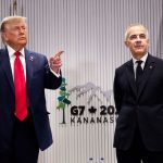 U.S. President Donald Trump meets with Canadian Prime Minister Mark Carney at the G7 summit in Kananaskis, Alberta, Canada, June 16, 2025.