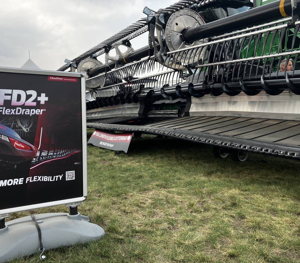 MacDon's new FD2 FlexDraper on display on the show grounds at Ag in Motion on July 15, 2025.