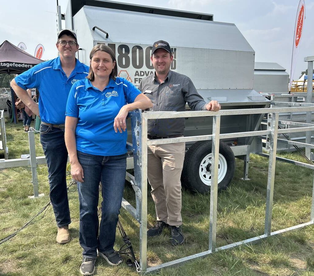 Marlin and Myrna Huber of Huber Ag Equipment with Gerard Roney of Advantage Feeders at Ag in Motion 2025. Photo: Piper Whelan