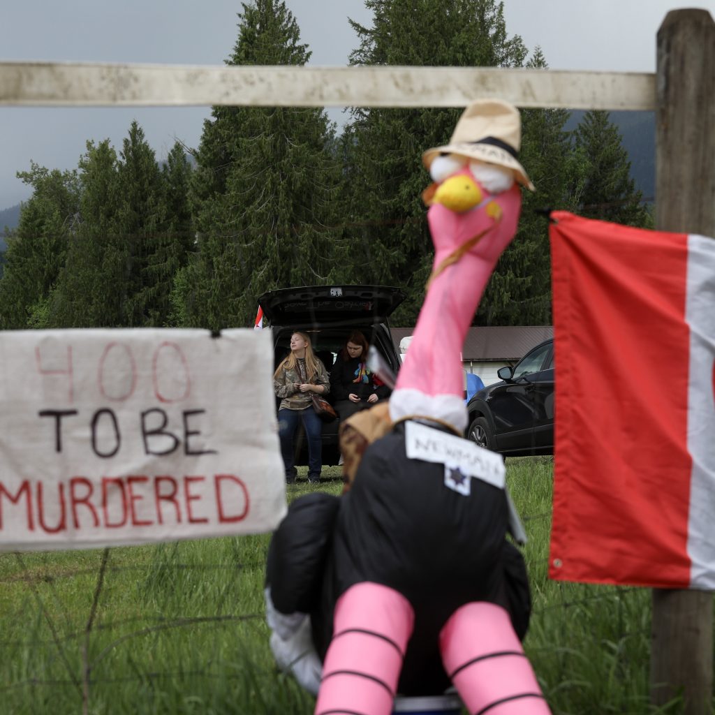 Supporters set up camp at the Universal Ostrich Farms property in Edgewood, B.C., on Saturday, May 17, 2024. Hundreds of supporters flocked to the farm over the Victoria long weekend to protest the Canadian Food Inspection AgencyâÃôs order to cull 400 ostriches.
