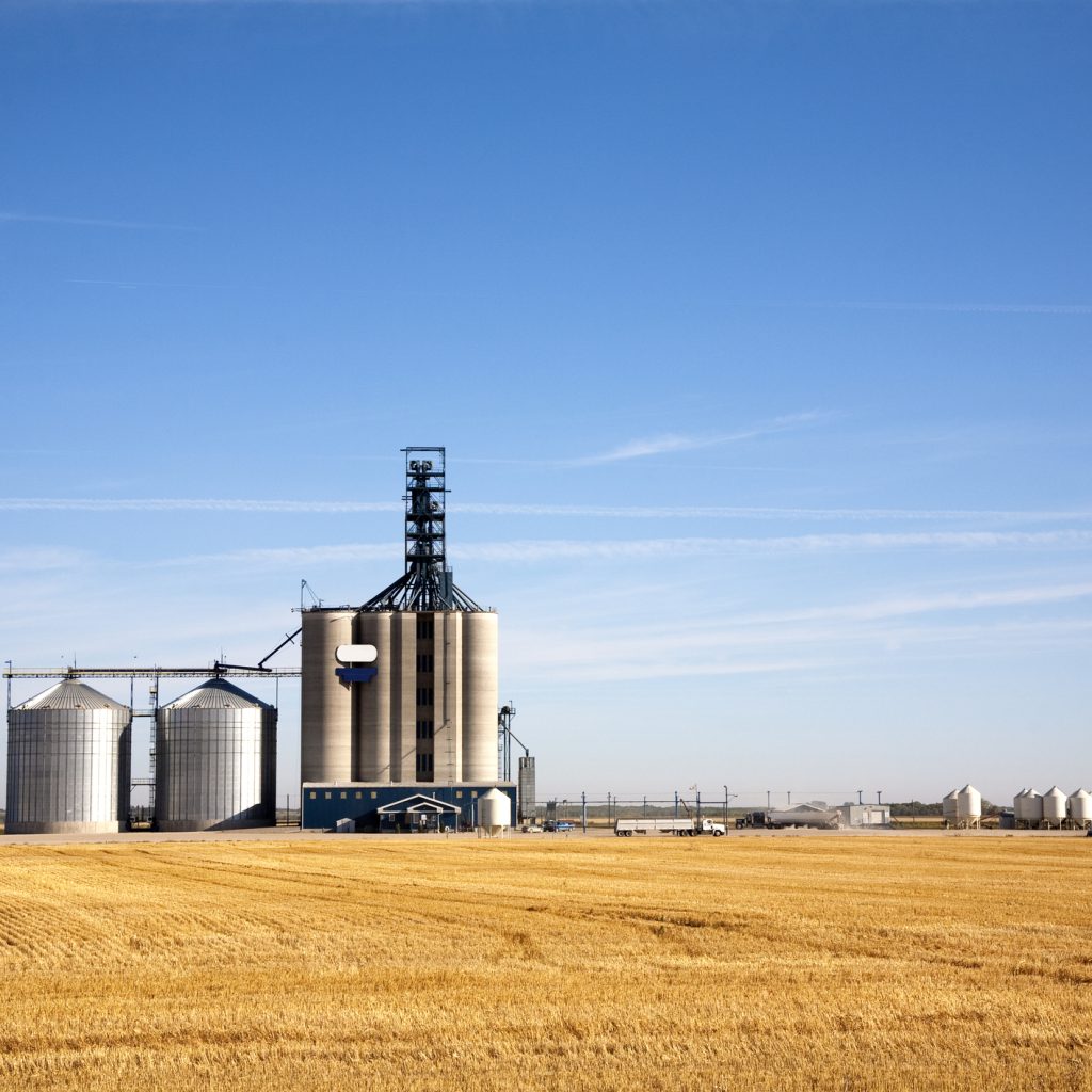 Grain elevator in the background with a harvested field and blue sky.