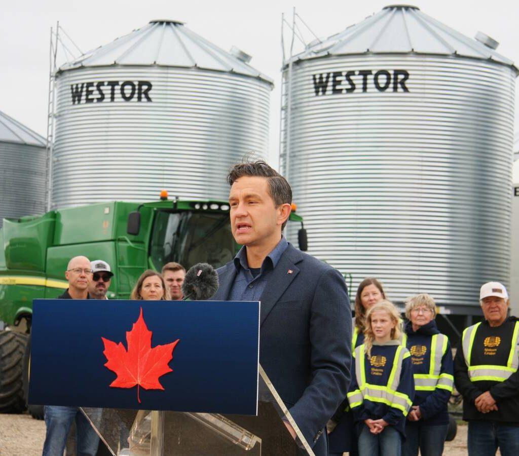 Pierre Poilievre speaks at Sixteen Grains farm near Saskatoon, Sask., Aug. 14, 2025. Photo: Janelle Rudolph