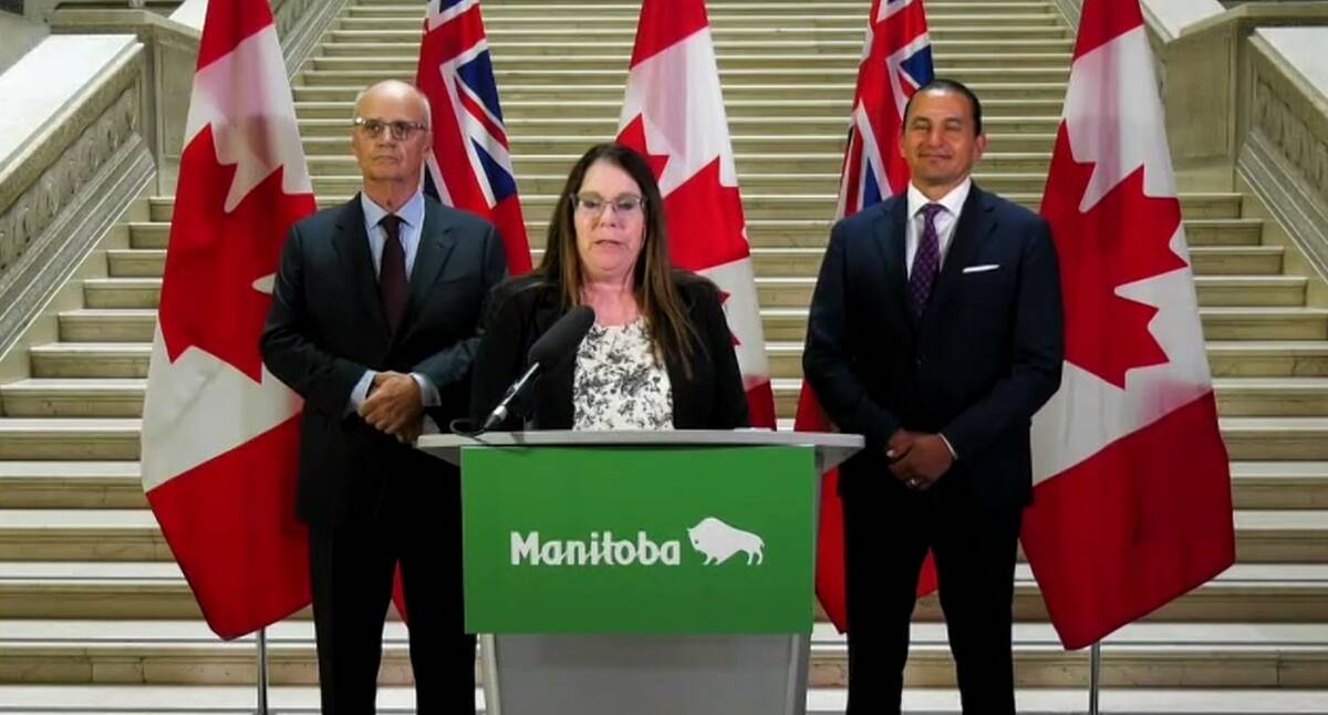 Left to right: Manitoba Canola Growers Chair Warren Ellis, Keystone Agricultural Producers President Jill Verwey and Manitoba Premier Wab Kinew at a press conference on Chinese tariffs on Aug. 13, 2025 in Winnipeg. Photo: Screen capture/Manitoba Government