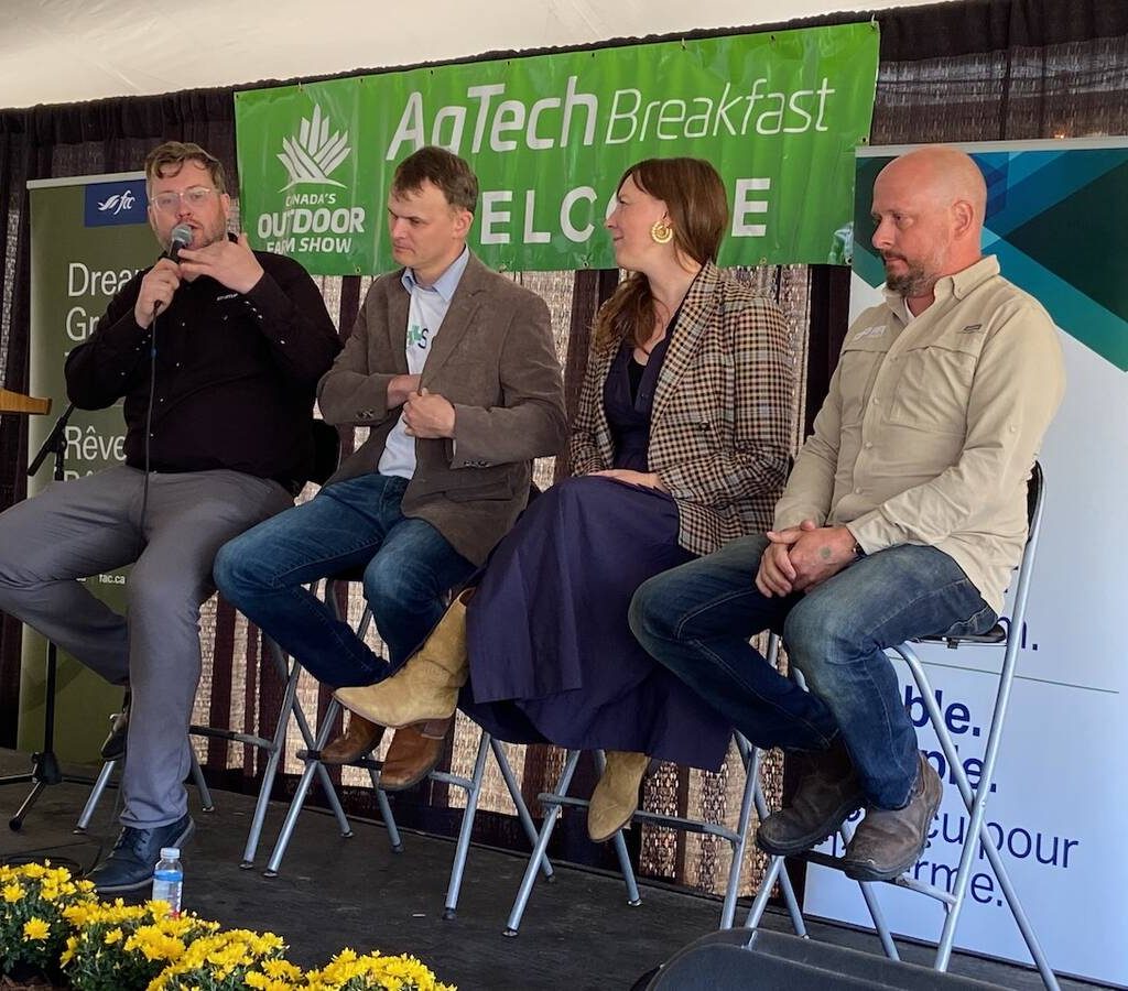Panellists talk about how connections to farmers help make sure their products will resonate. Jesse Wiebe, left, moderated the panel that included Colin Yates, left, Shari van de Pol and Matt Stevens. Photo: John Greig