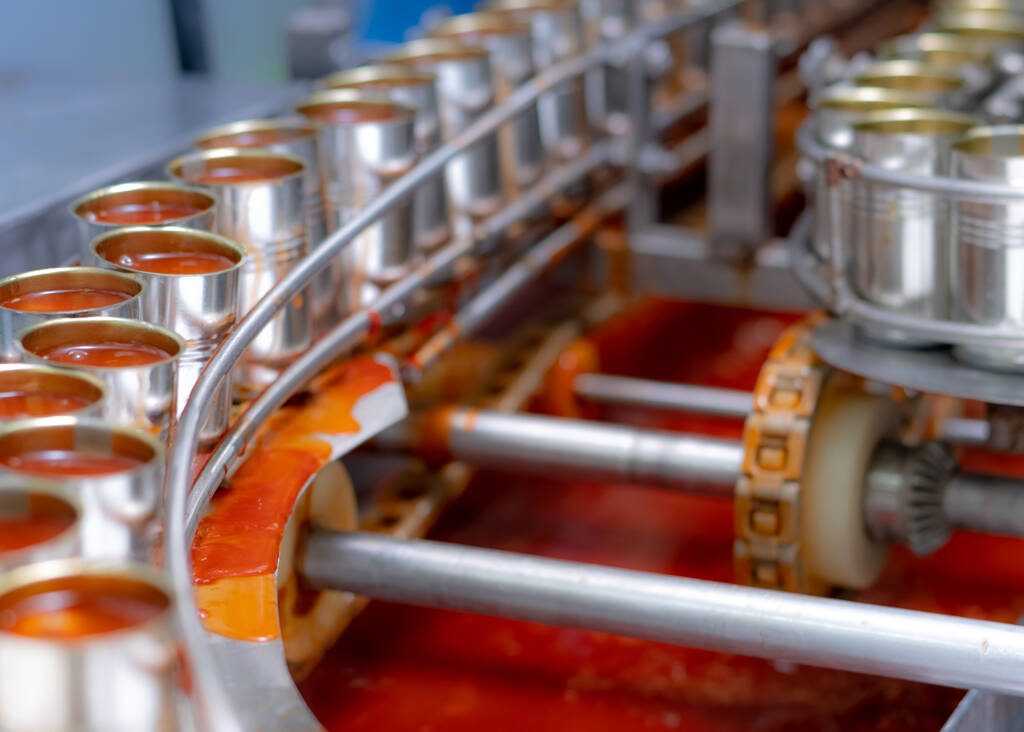 Canned fish factory. Food industry.  Sardines in red tomato sauce in tinned cans at food factory. Food processing production line. Food manufacturing industry. Many can of sardines on a conveyor belt.