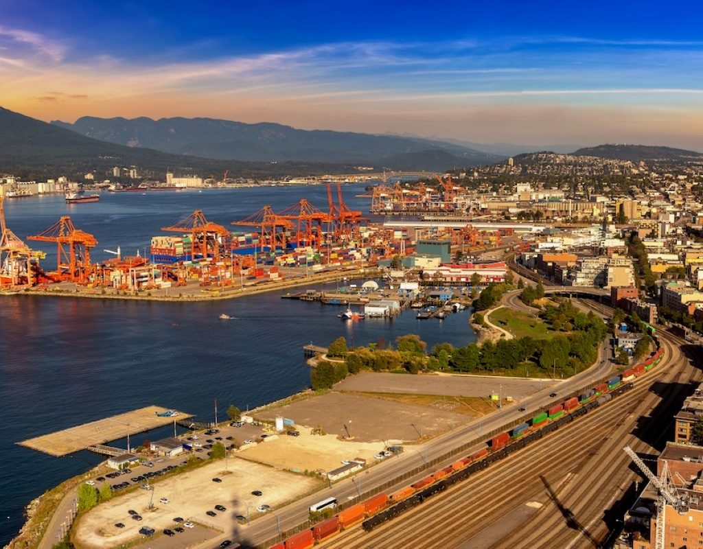 Aerial view of Centerm, a Burrard Inlet terminal for containerized cargo at the Port of Vancouver.