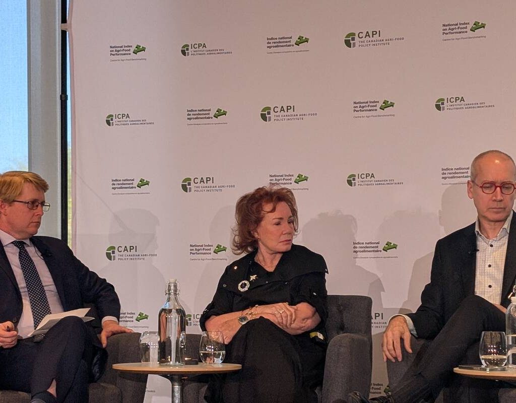 Arlene Dickinson sits between two people on stage while speaking in a panel discussion.
