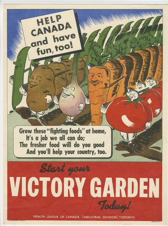 A Second World War poster depicts a "victory garden" of vegetables Canadians can plant at home. Image courtesy of the Canadian War Museum.