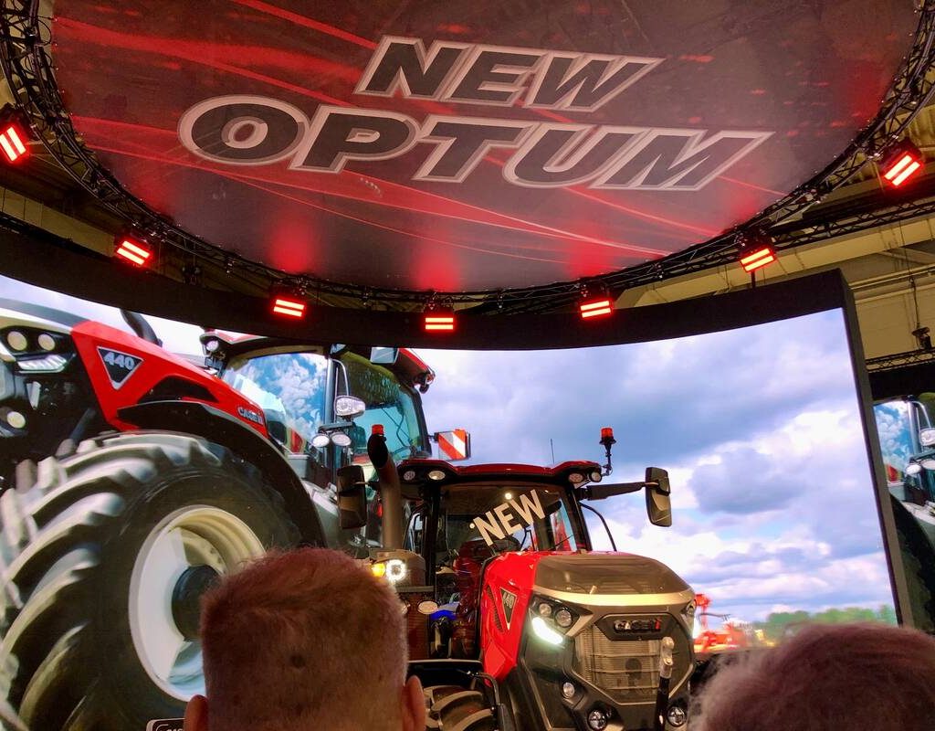 Case IH's new Optum 440 tractor moments after the curtain was dropped on the first day of Agritechnica 2025, on November 9, in Hannover, Germany.