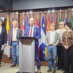 A press conference spotlighting the struggles of Canadian beekeepers took place in Ottawa Nov. 25.  Left to right: Peter Awram, Canadian Beekeepers Federation; Curtis Miedema, president, Alberta Beekeepers Commission; MP Arnold Viersen; Owen Miedema; Amber Ozero, director, Alberta Beekeepers Commission; Connie Phillips, executive director, Alberta Beekeepers Commission and Richard Ozero, Good Morning Honey. PHOTO: SUPPLIED BY JOEL OOSTERMAN.