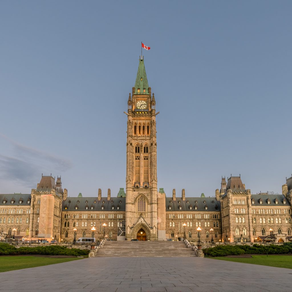 A straight-on view of Canada's parliament building.
