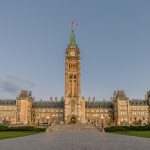 A straight-on view of Canada's parliament building.