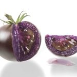A purple tomato with a wedge cut out of it and lying beside it.