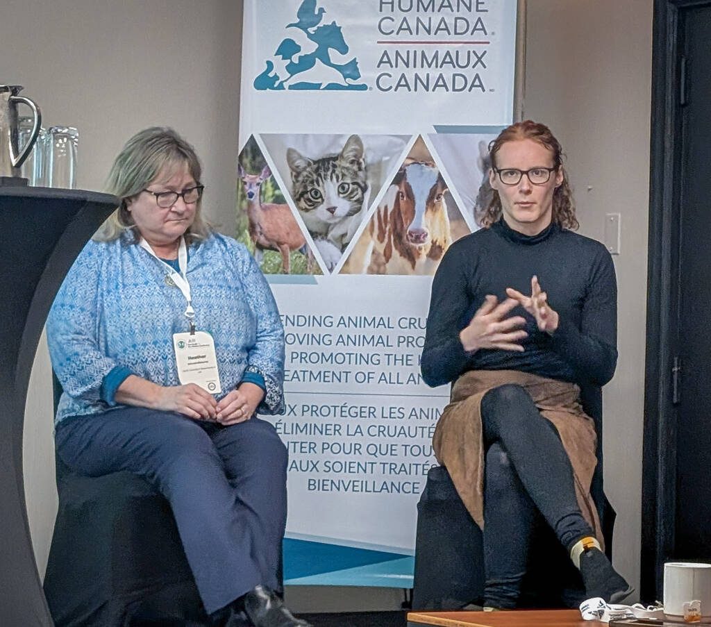 Allison Penner (right) and Heather McLeod-Kilmurray speak at the Humane Canada One Health One Welfare Conference in Ottawa. Photo: Jonah Grignon