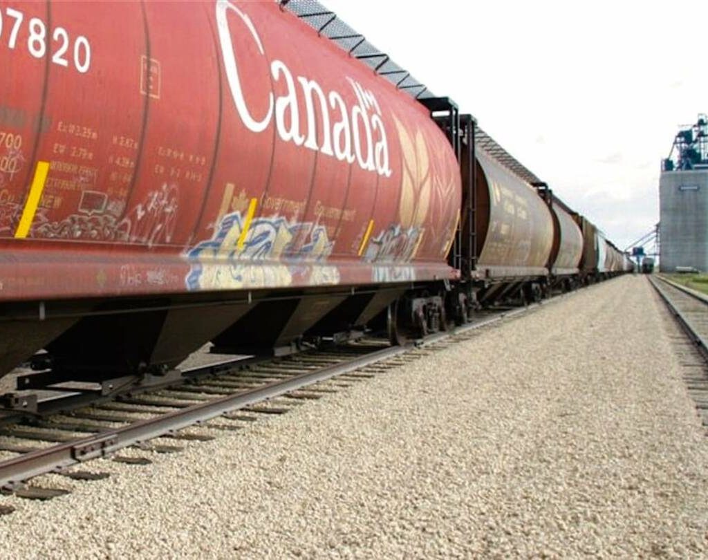 A train transports grain across the Prairies.