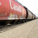 A train transports grain across the Prairies.