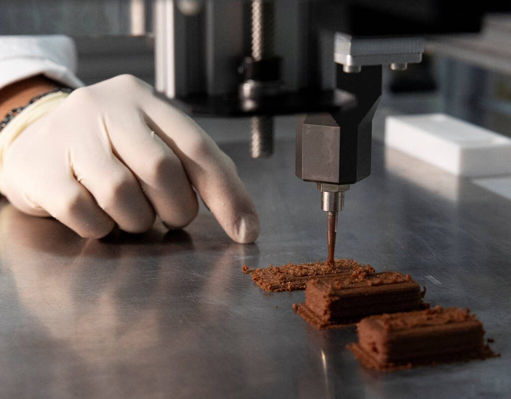 3D snack bars made from plant cell cultures and by-products from the agri-food industry are printed at the Elthub plant in Oricola, Italy, November 24, 2025. REUTERS/Remo Casilli