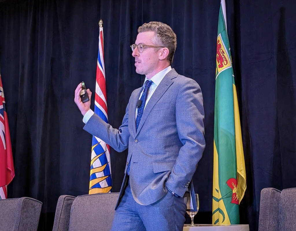 Charles Breton discusses polling data on national resentment at the Western Canada Economic Forum in Winnipeg on Jan. 22, 2026. Breton is the executive director of the Centre of Excellence on the Canadian Federation.