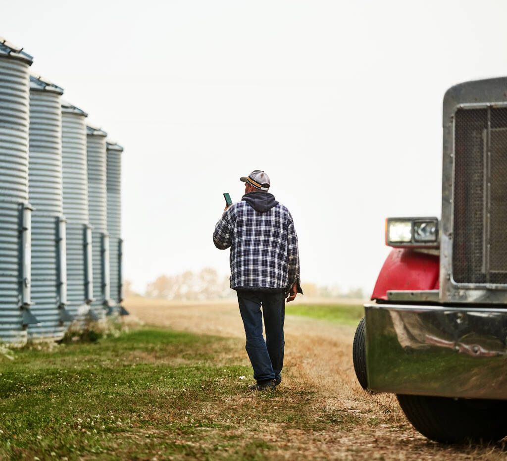 Rear view of a male farm worker with phone walking outside along the large grain storage silos on farm. Photo: Getty Images Plus