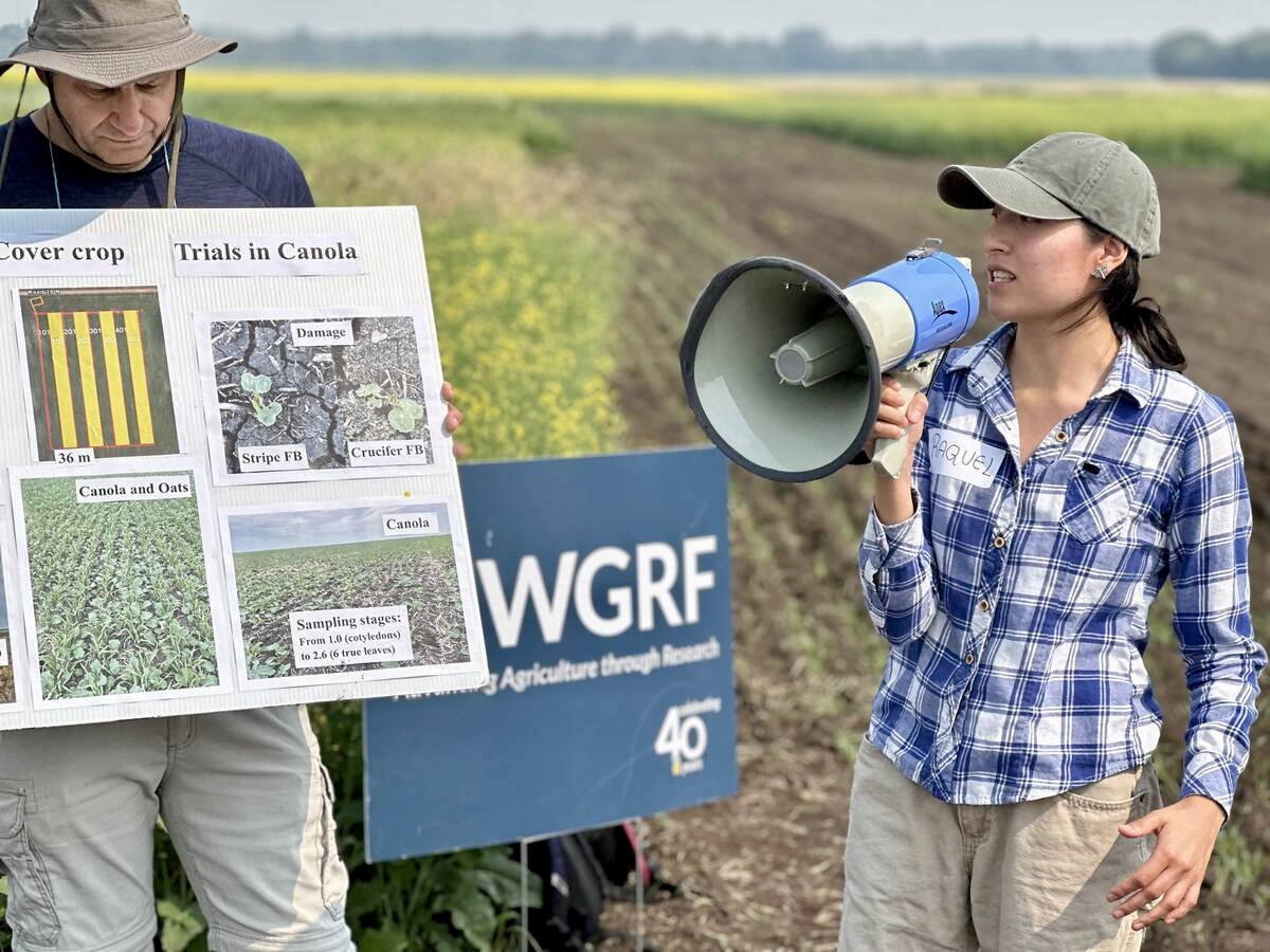 University of Manitoba graduate students Aleksander Zashev and Raquel Chinchin Talavera, members of Alejandro Costamagna’s entomology lab, walk farmers through the study’s results at the U of M field day in Carman.