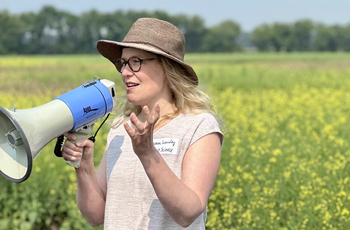 University of Manitoba agronomist Yvonne Lawley discusses flea beetle suppression using cover crops at a U of M field day in Carman. While the method shows promise, she says it’s not ready for widespread adoption.