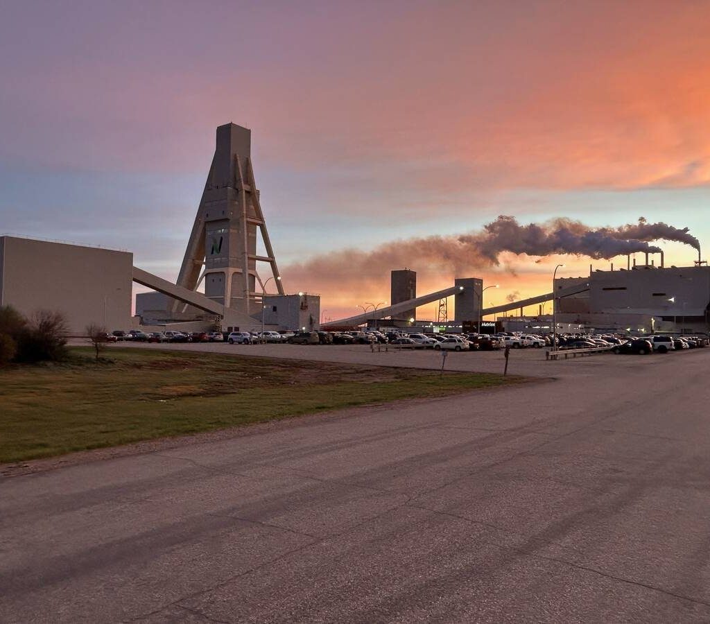 Nutrien’s potash mine at Allan, Sask. at sunset.