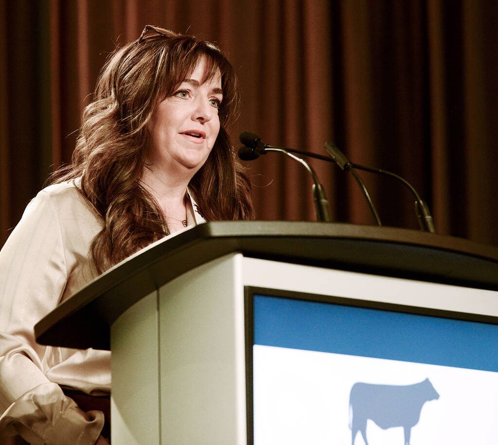 Incoming Canadian Cattle Association (CCA) CEO, Andrea Brocklebank speaks to Beef Farmers of Ontario members. Photo: Diana Martin