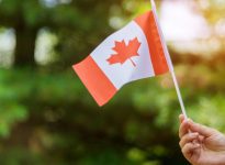 A hand holds a small Canadian flag.