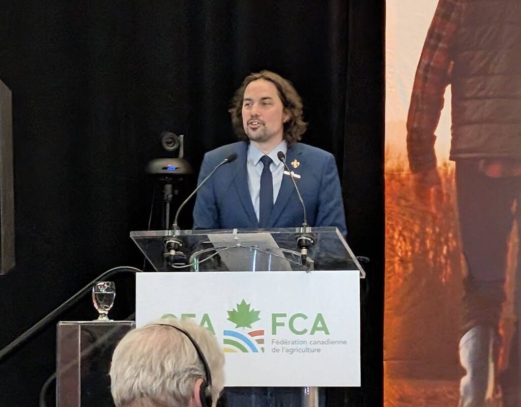 MP Sébastien Lemire speaks at the Canadian Federation of Agriculture AGM in Ottawa Feb. 24. Photo by Jonah Grignon