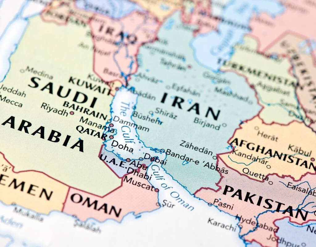A view of the straight of Hormuz and Gulf region, including Iran and Saudi Arabia. Photo: Getty Images Plus