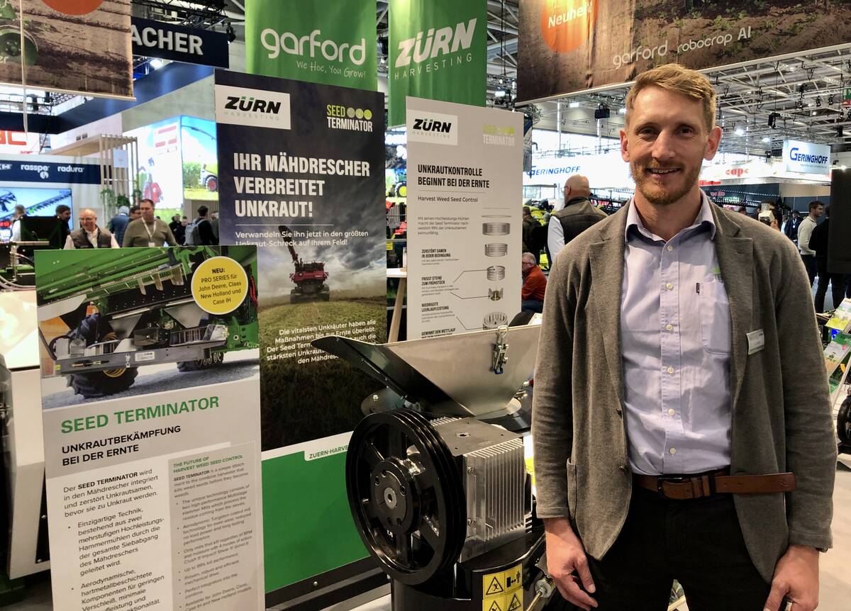Nick Berry, founder and chief executive of Seed Terminator, at the Zürn booth at Agritechnica 2025 in Hanover, Germany.