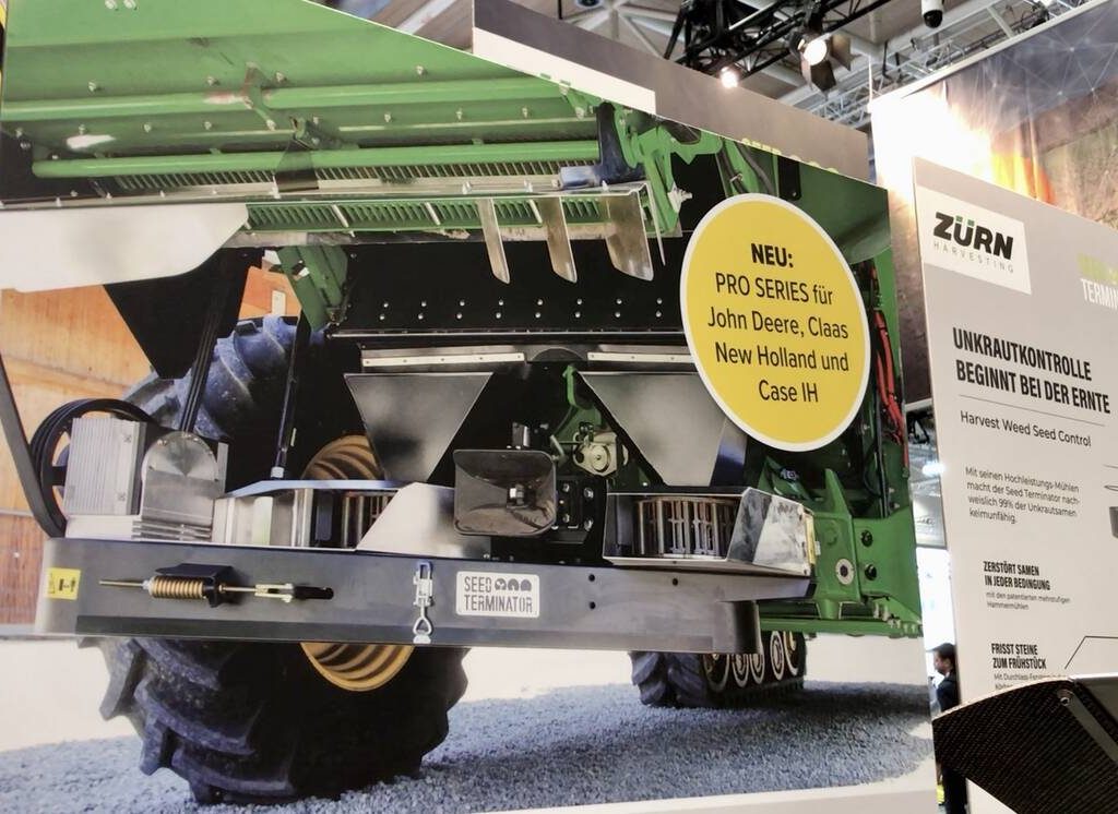 A Seed Terminator placard in the Zürn Harvesting booth at Agritechnica in Hanover, Germany, in November 2025.