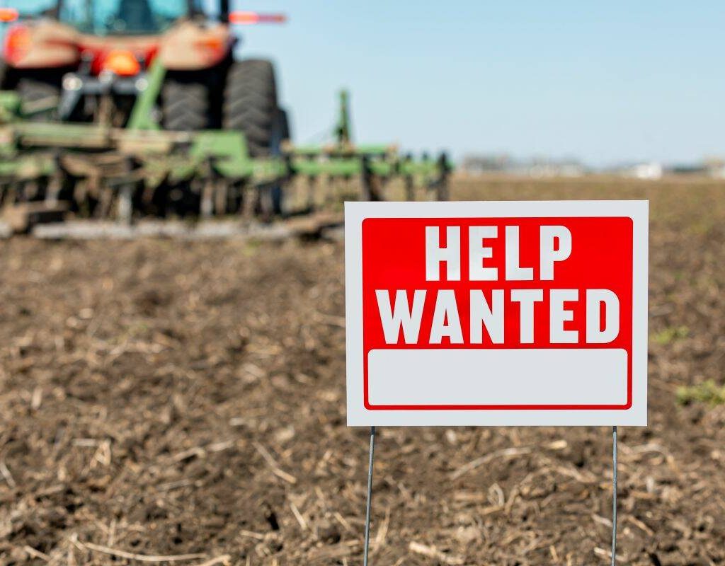 A help wanted sign with a tractor in the background on a cultivated field. Photo: Getty Images Plus