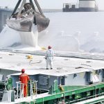 Fertilizer is being loaded onto a cargo ship at Yantai Port in Shandong, China on March 16, 2026. Photo: CFOTO/Sipa USA