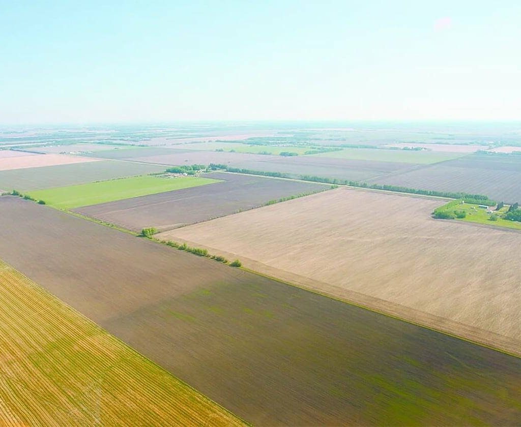 An aerial view of farmland.