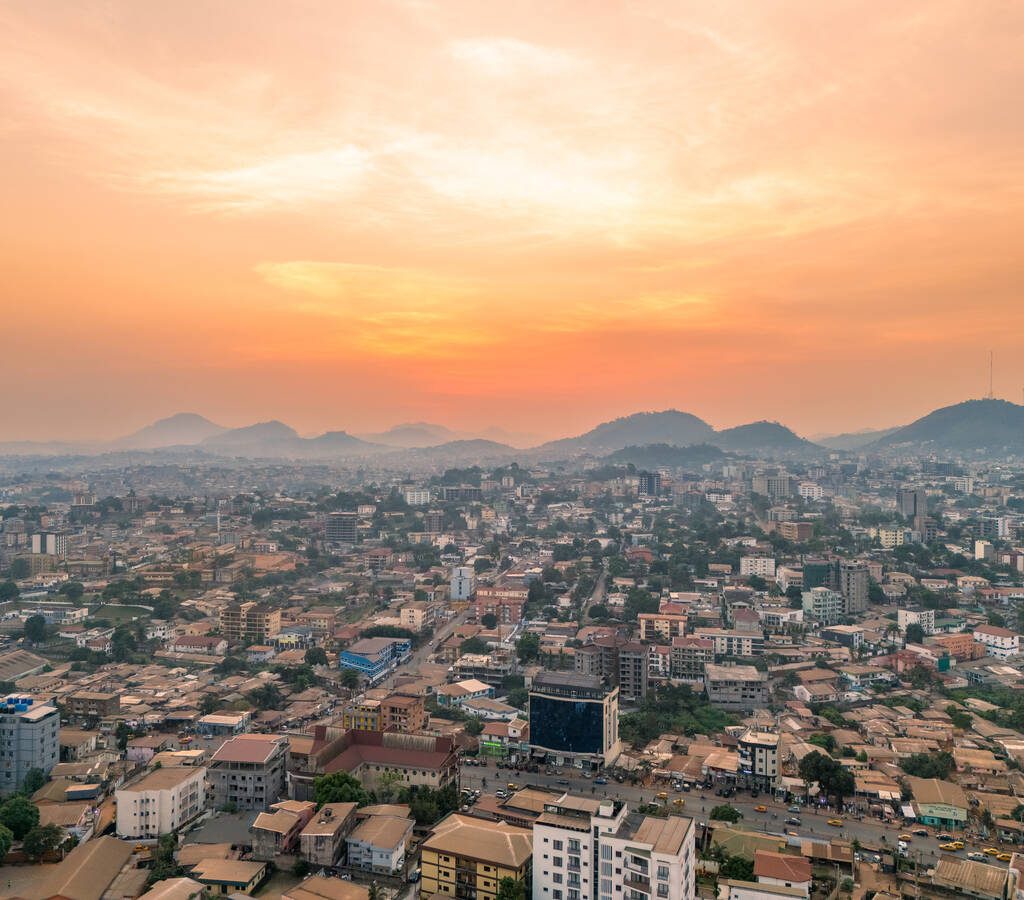 Aerial view of Nlongkak and Bastos in Yaoundé , the capital city of Cameroon at sunset