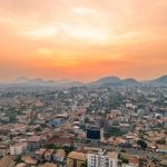 Aerial view of Nlongkak and Bastos in Yaoundé , the capital city of Cameroon at sunset