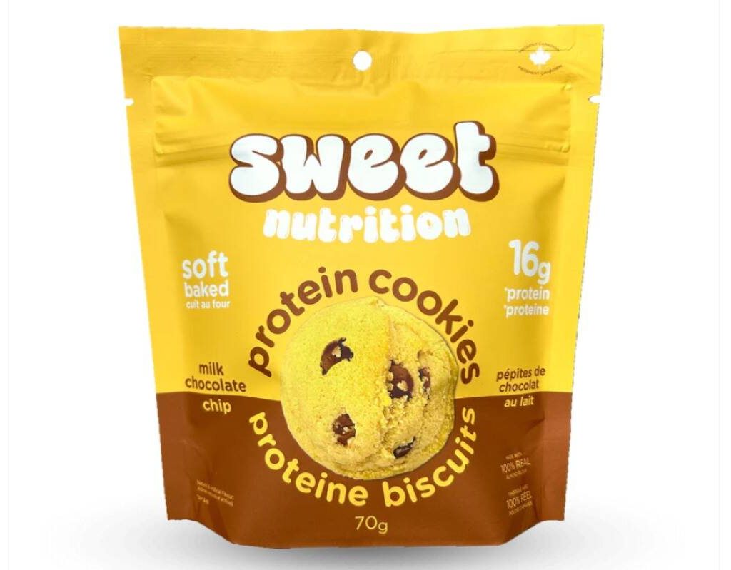 A package of Sweet Nutrition's chocolate chip protein cookies.